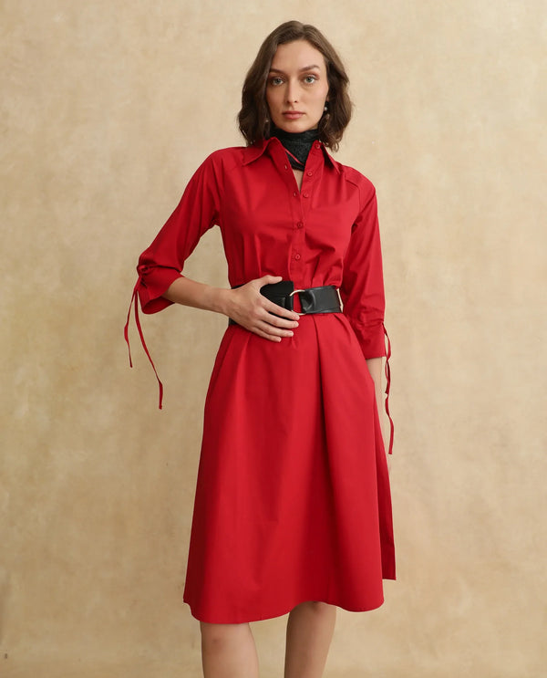Rareism Women's Junb Dark Rust Cotton Blend Fabric Drop Collar Button Closure Raglan Sleeve Plain A-Line Knee Length Dress