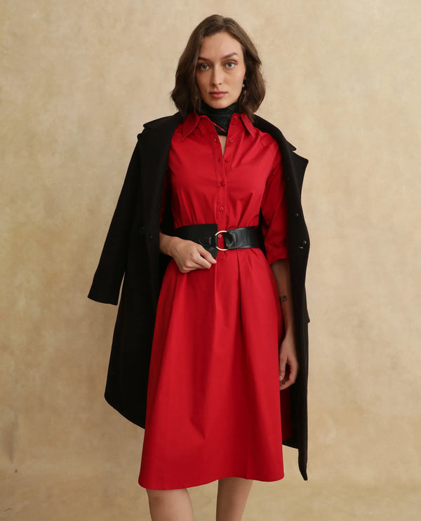 Rareism Women's Junb Dark Rust Cotton Blend Fabric Drop Collar Button Closure Raglan Sleeve Plain A-Line Knee Length Dress