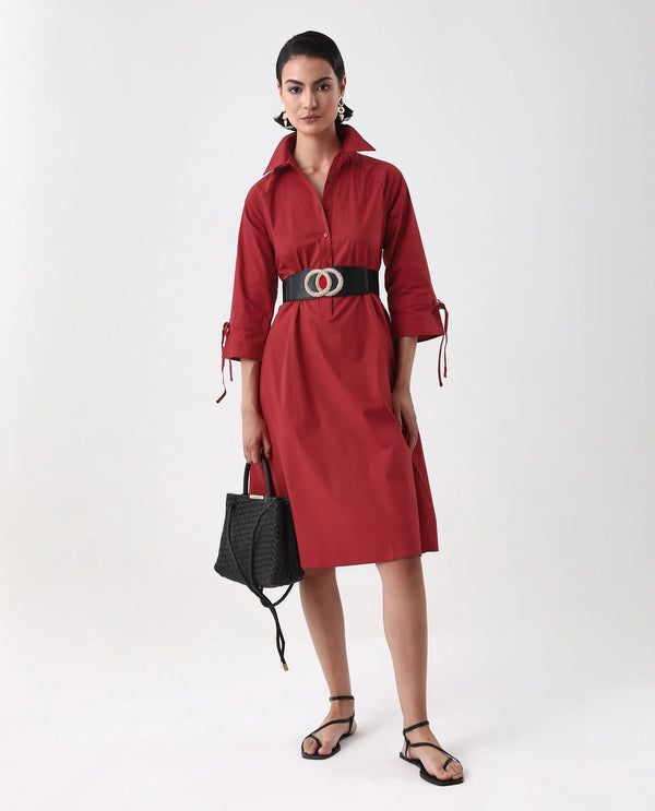 Rareism Women's Junb Dark Rust Cotton Blend Fabric Drop Collar Button Closure Raglan Sleeve Plain A-Line Knee Length Dress