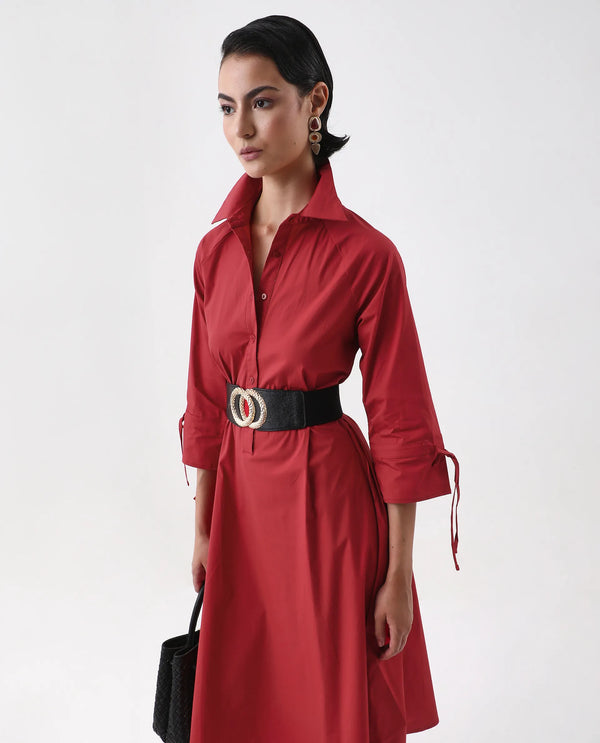 Rareism Women's Junb Dark Rust Cotton Blend Fabric Drop Collar Button Closure Raglan Sleeve Plain A-Line Knee Length Dress
