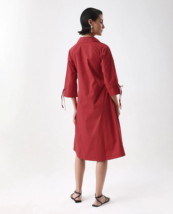 Rareism Women's Junb Dark Rust Cotton Blend Fabric Drop Collar Button Closure Raglan Sleeve Plain A-Line Knee Length Dress