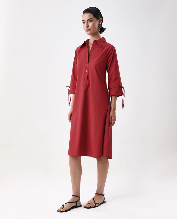Rareism Women's Junb Dark Rust Cotton Blend Fabric Drop Collar Button Closure Raglan Sleeve Plain A-Line Knee Length Dress