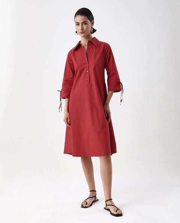 Rareism Women's Junb Dark Rust Cotton Blend Fabric Drop Collar Button Closure Raglan Sleeve Plain A-Line Knee Length Dress