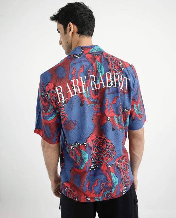 Rare Rabbit Men's Junee Blue Viscose Fabric Short Sleeve Cuban Collar Boxy Fit Floral Print Shirt
