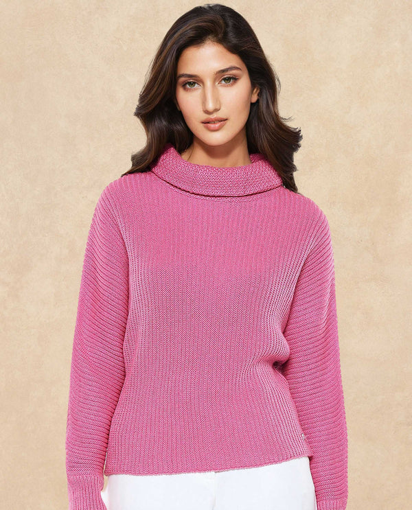 Rareism Women June Pink Relaxed Fit Kimono Sleeve Turtle Neck Plain Sweater