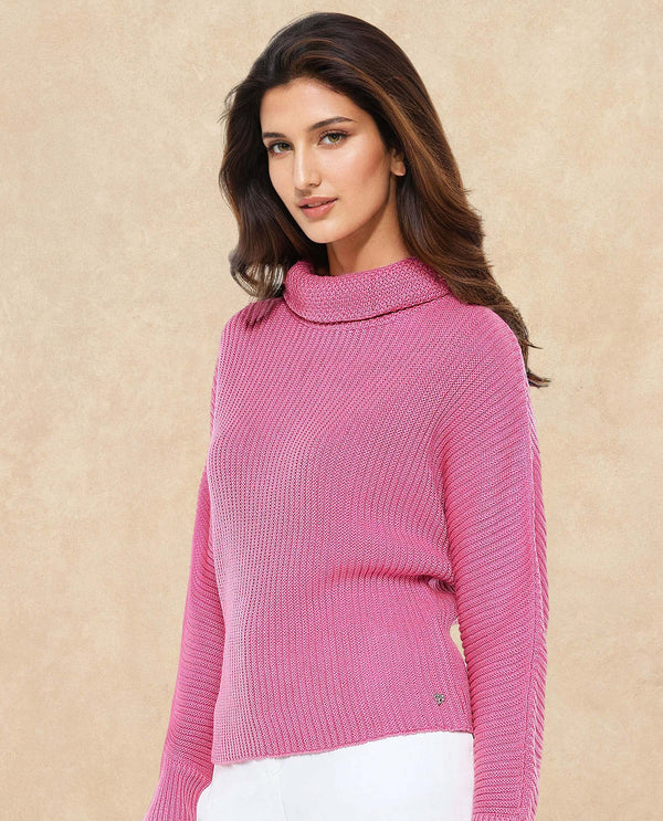 Rareism Women June Pink Relaxed Fit Kimono Sleeve Turtle Neck Plain Sweater