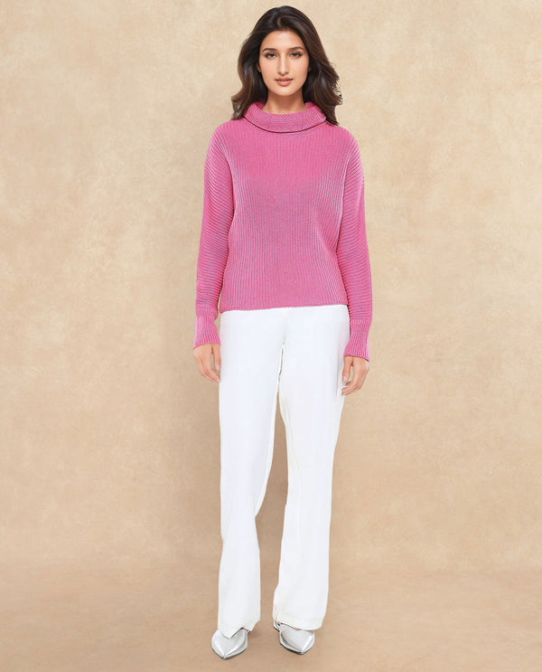 Rareism Women June Pink Relaxed Fit Kimono Sleeve Turtle Neck Plain Sweater