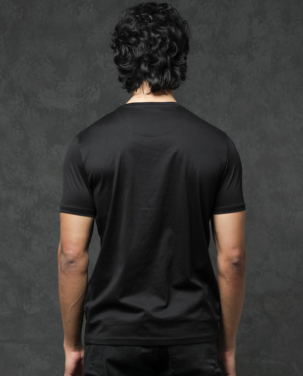 Rare Rabbit Mens Junot Black Cotton Lycra Fabric Short Sleeve Velvet Graphic Print T-Shirt