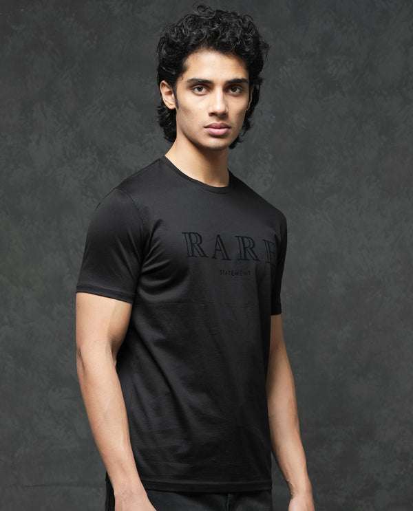 Rare Rabbit Mens Junot Black Cotton Lycra Fabric Short Sleeve Velvet Graphic Print T-Shirt
