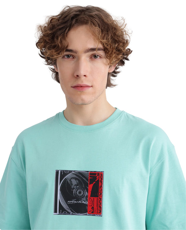 Rare Rabbit Men Just Light Green Cotton Fabric Short Sleeve Crew Neck Graphic Print T-Shirt