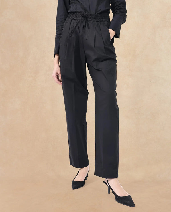 Rareism Women Juven Black Poly Lycra Fabric Regular Fit Mid Rise Solid Ankle Length Trousers