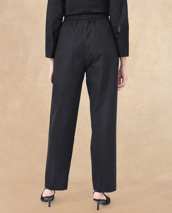 Rareism Women Juven Black Poly Lycra Fabric Regular Fit Mid Rise Solid Ankle Length Trousers