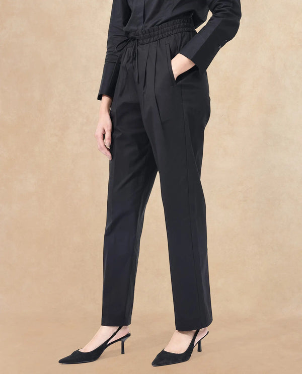 Rareism Women Juven Black Poly Lycra Fabric Regular Fit Mid Rise Solid Ankle Length Trousers