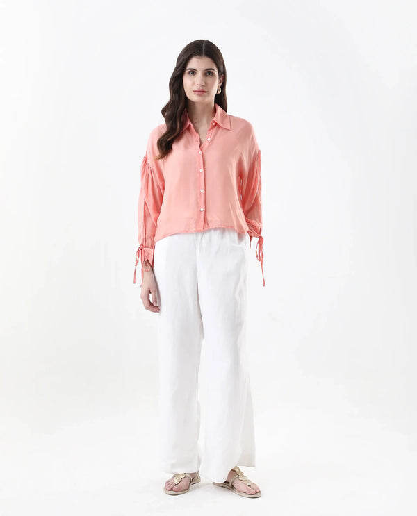 Rareism Women Jux Pastel Pink Poly Viscose Fabric Full Sleeve Collared Neck Solid Regular Length Top