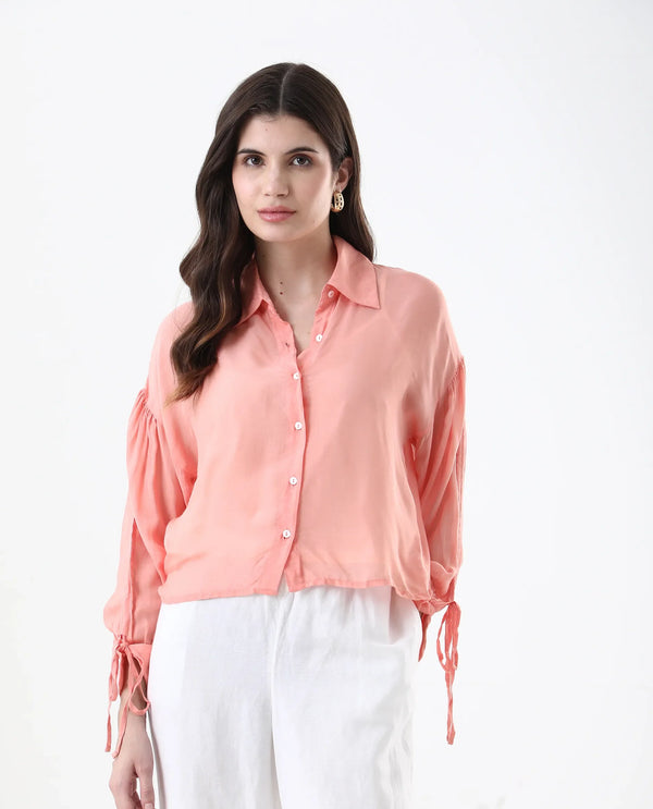 Rareism Women Jux Pastel Pink Poly Viscose Fabric Full Sleeve Collared Neck Solid Regular Length Top