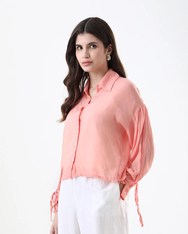Rareism Women Jux Pastel Pink Poly Viscose Fabric Full Sleeve Collared Neck Solid Regular Length Top