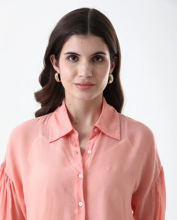 Rareism Women Jux Pastel Pink Poly Viscose Fabric Full Sleeve Collared Neck Solid Regular Length Top