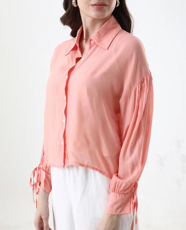 Rareism Women Jux Pastel Pink Poly Viscose Fabric Full Sleeve Collared Neck Solid Regular Length Top