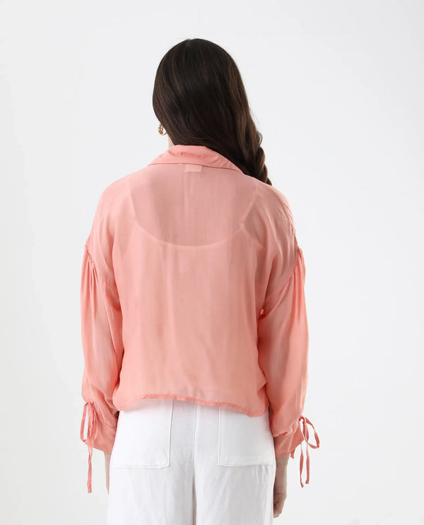 Rareism Women Jux Pastel Pink Poly Viscose Fabric Full Sleeve Collared Neck Solid Regular Length Top