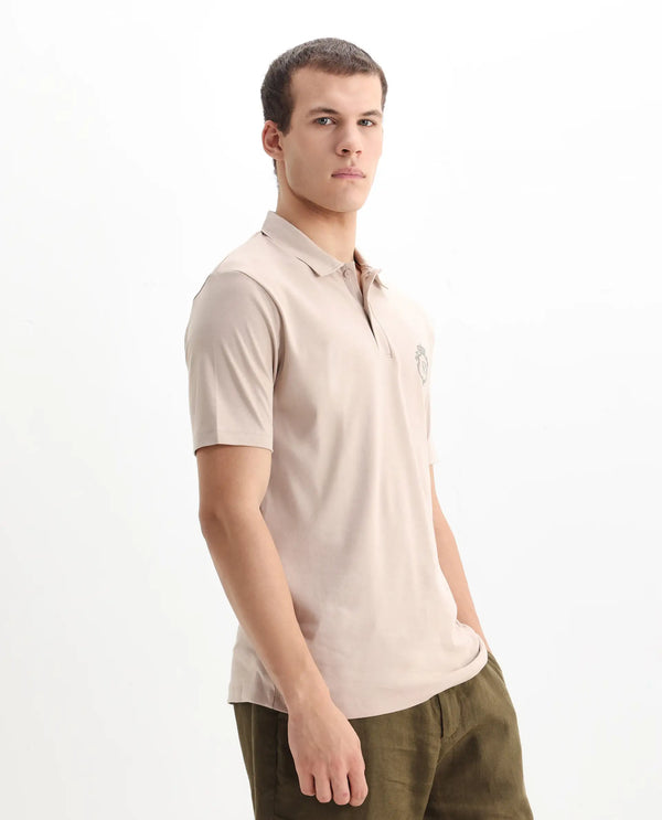 Rare Rabbit Men Kace Beige Short Sleeve Regular Fit Embroidered Logo Plain Polo