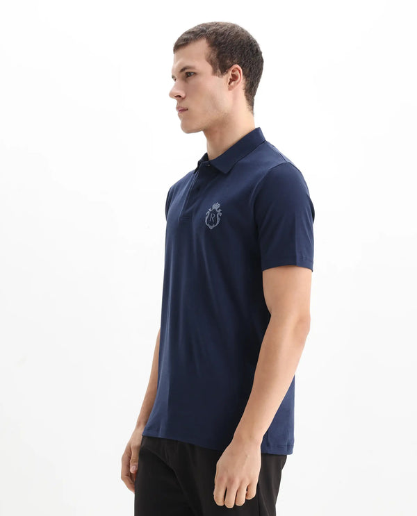 Rare Rabbit Men Kace Dark Navy Short Sleeve Regular Fit Embroidered Logo Plain Polo