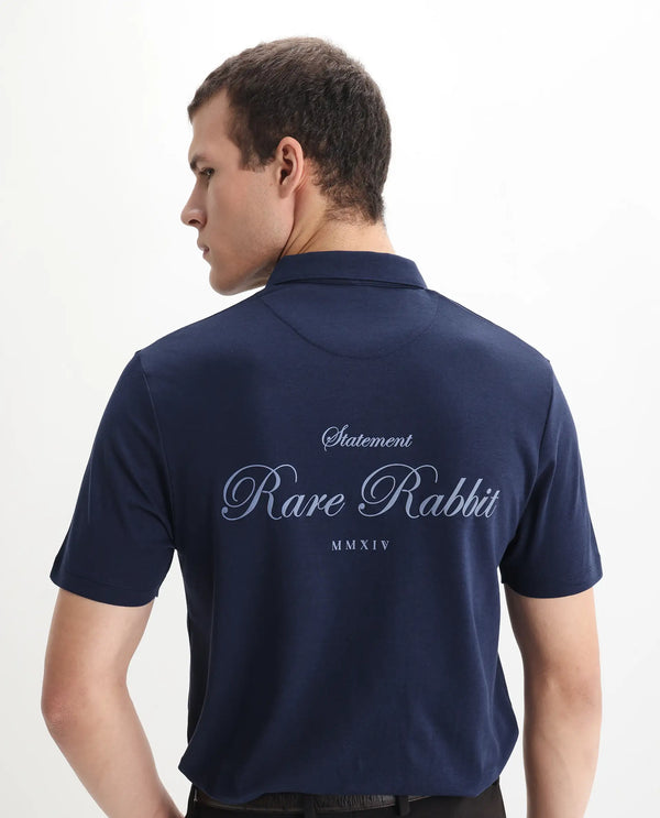 Rare Rabbit Men Kace Dark Navy Short Sleeve Regular Fit Embroidered Logo Plain Polo