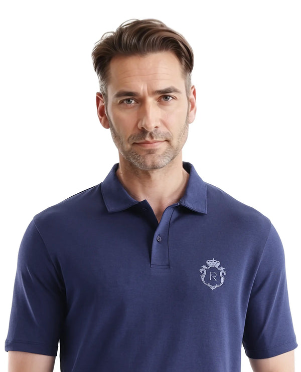 Rare Rabbit Men Kace Dark Navy Short Sleeve Regular Fit Embroidered Logo Plain Polo