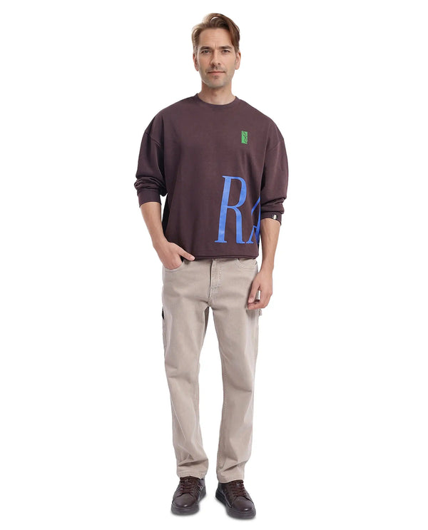 Rare Rabbit Men's Kacey Dark BrownCotton Blend Fabric Full Sleeve Crew Neck Boxy Fit Flock Print Logo and Placement Print Sweatshirt