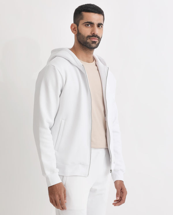 Rare Rabbit Men's Kaden White Cotton Polyester Fabric Full Sleeves Placement Foil Print Hooded Sweatshirt