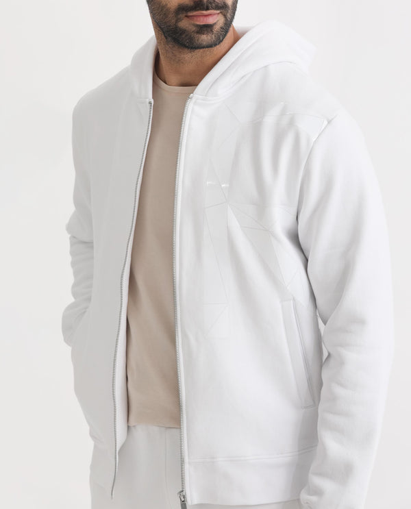 Rare Rabbit Men's Kaden White Cotton Polyester Fabric Full Sleeves Placement Foil Print Hooded Sweatshirt