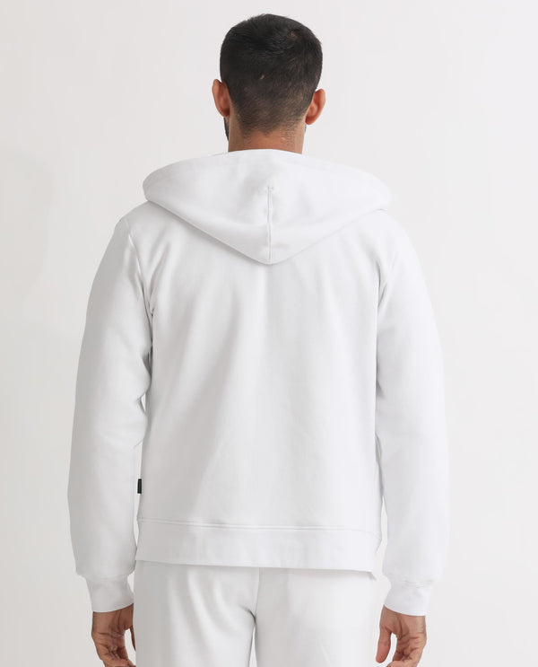 Rare Rabbit Men's Kaden White Cotton Polyester Fabric Full Sleeves Placement Foil Print Hooded Sweatshirt