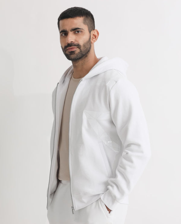 Rare Rabbit Men's Kaden White Cotton Polyester Fabric Full Sleeves Placement Foil Print Hooded Sweatshirt