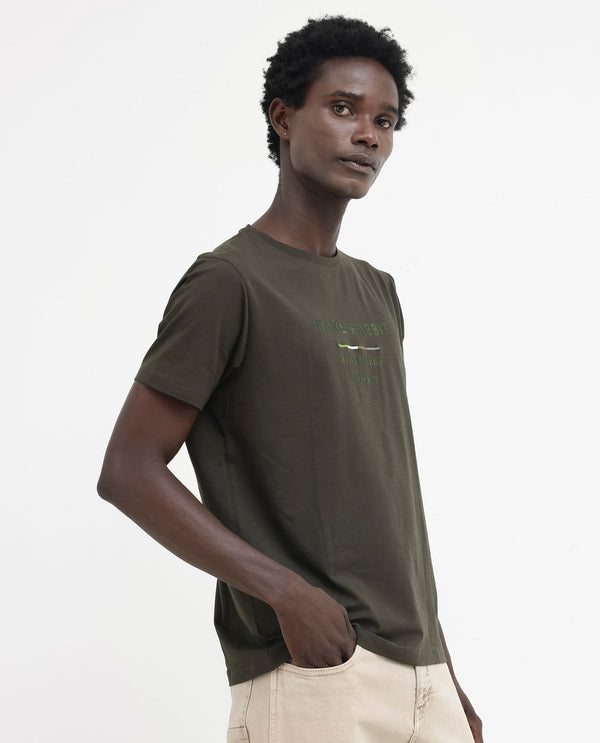 Rare Rabbit Men's Kael Olive Cotton Lycra Half Sleeves Graphic Print T-Shirt