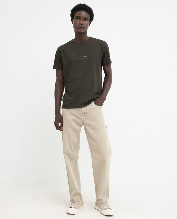 Rare Rabbit Men's Kael Olive Cotton Lycra Half Sleeves Graphic Print T-Shirt