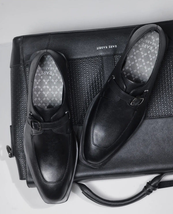 Rare Rabbit Men Kai Black Genuine Leather Buckle Strap Slip-On Loafers