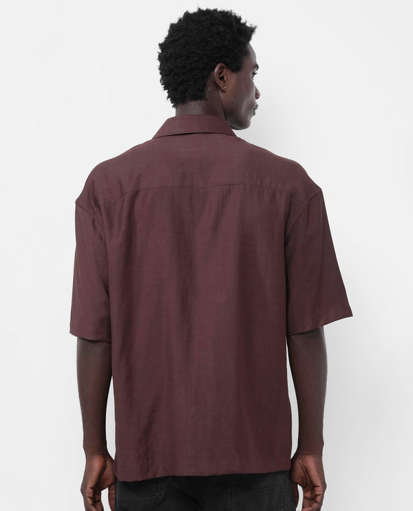 Rare Rabbit Articale Men's Kai Dark Brown Viscose Nylon Fabric Short Sleeve Zip Closure Boxy Fit Solid Shirt