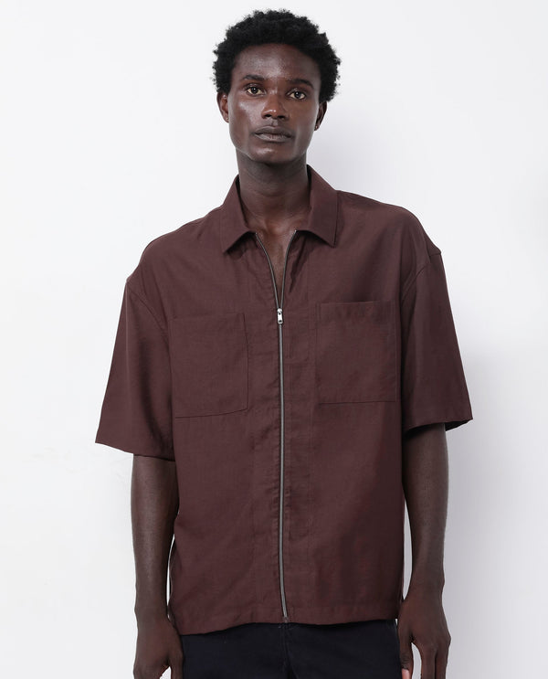 Rare Rabbit Articale Men's Kai Dark Brown Viscose Nylon Fabric Short Sleeve Zip Closure Boxy Fit Solid Shirt