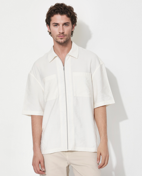 Rare Rabbit Articale Men's Kai Light Beige Viscose Nylon Fabric Short Sleeve Zip Closure Boxy Fit Solid Shirt