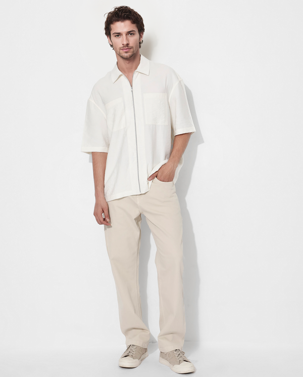 Rare Rabbit Articale Men's Kai Light Beige Viscose Nylon Fabric Short Sleeve Zip Closure Boxy Fit Solid Shirt