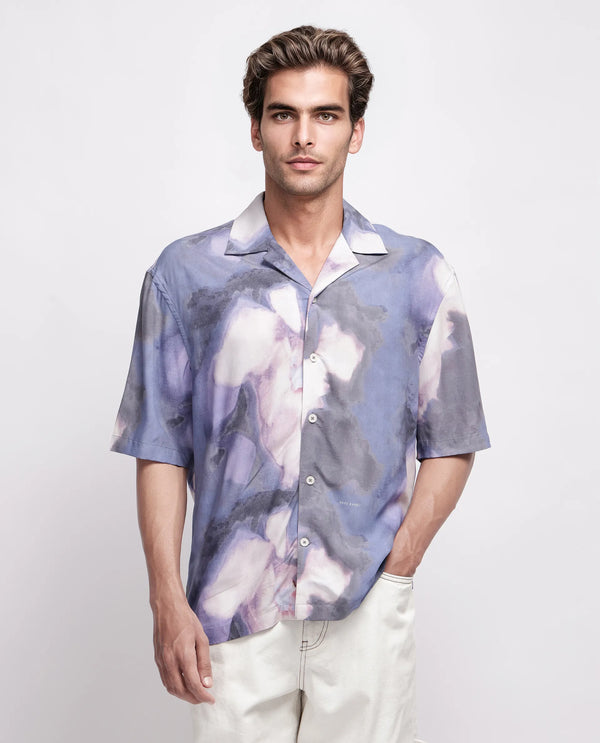 Rare Rabbit Men Kaito Light Purple Viscose Fabric Half Sleeve Cuban Collar Button Closure Boxy Fit Abstract Print Shirt