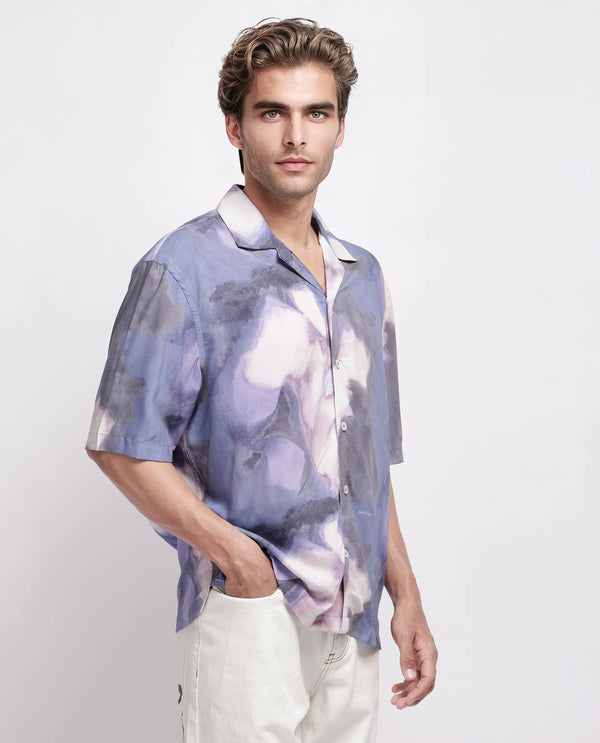 Rare Rabbit Men Kaito Light Purple Viscose Fabric Half Sleeve Cuban Collar Button Closure Boxy Fit Abstract Print Shirt