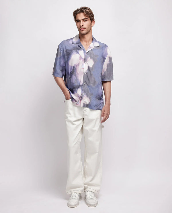 Rare Rabbit Men Kaito Light Purple Viscose Fabric Half Sleeve Cuban Collar Button Closure Boxy Fit Abstract Print Shirt