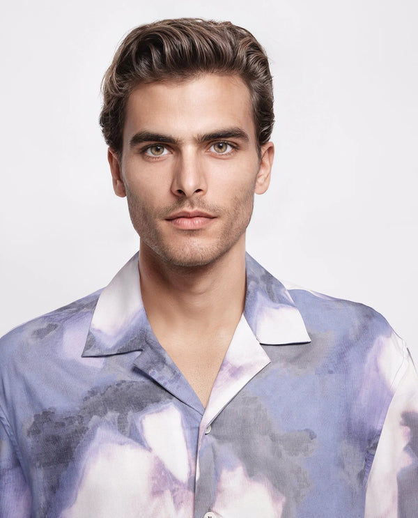 Rare Rabbit Men Kaito Light Purple Viscose Fabric Half Sleeve Cuban Collar Button Closure Boxy Fit Abstract Print Shirt