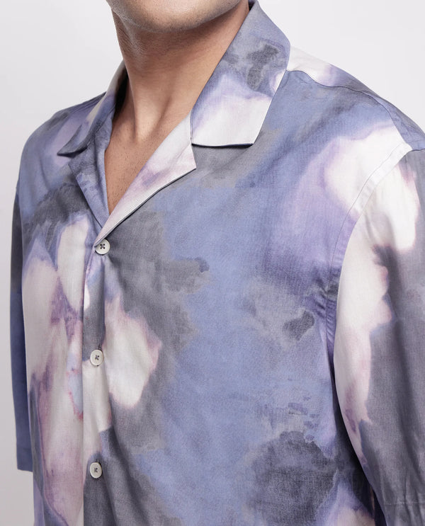 Rare Rabbit Men Kaito Light Purple Viscose Fabric Half Sleeve Cuban Collar Button Closure Boxy Fit Abstract Print Shirt