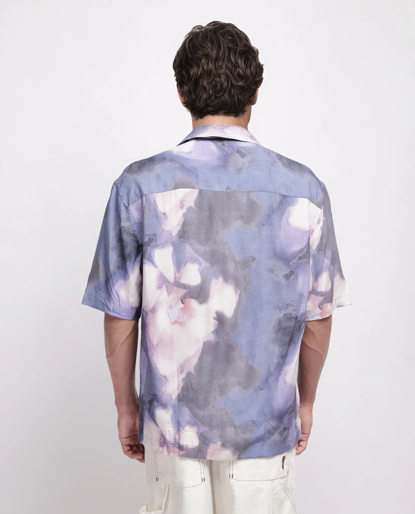 Rare Rabbit Men Kaito Light Purple Viscose Fabric Half Sleeve Cuban Collar Button Closure Boxy Fit Abstract Print Shirt