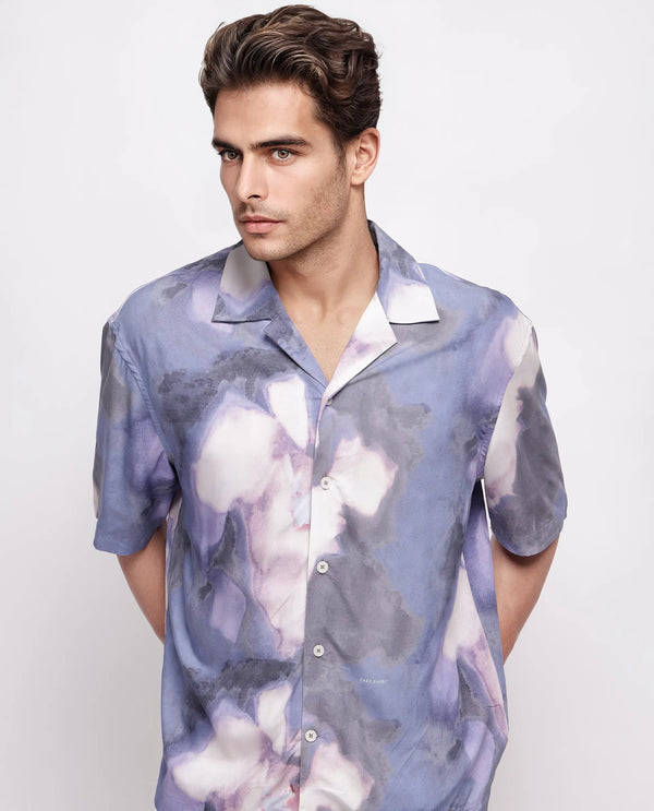 Rare Rabbit Men Kaito Light Purple Viscose Fabric Half Sleeve Cuban Collar Button Closure Boxy Fit Abstract Print Shirt