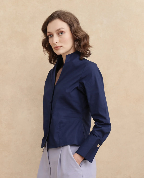 Rareism Women Kaldo Light Navy Full Sleeve High Neck Button Closure Cropped Plain Top
