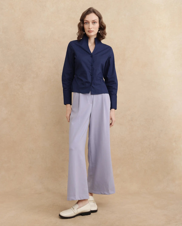 Rareism Women Kaldo Light Navy Full Sleeve High Neck Button Closure Cropped Plain Top
