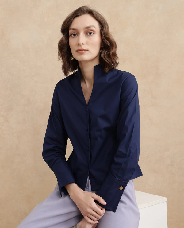 Rareism Women Kaldo Light Navy Full Sleeve High Neck Button Closure Cropped Plain Top