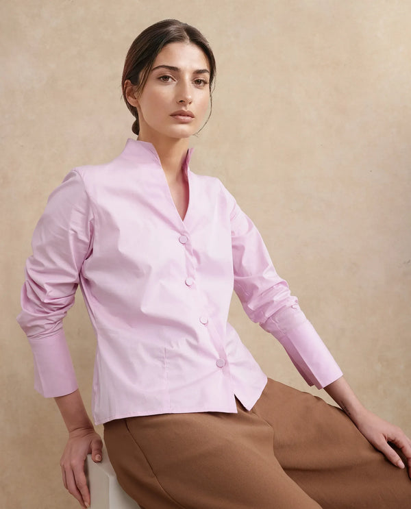 Rareism Women Kaldo Light Pink Cotton Fabric Regular Sleeves High Neck Button Closure Cropped Plain Shirt